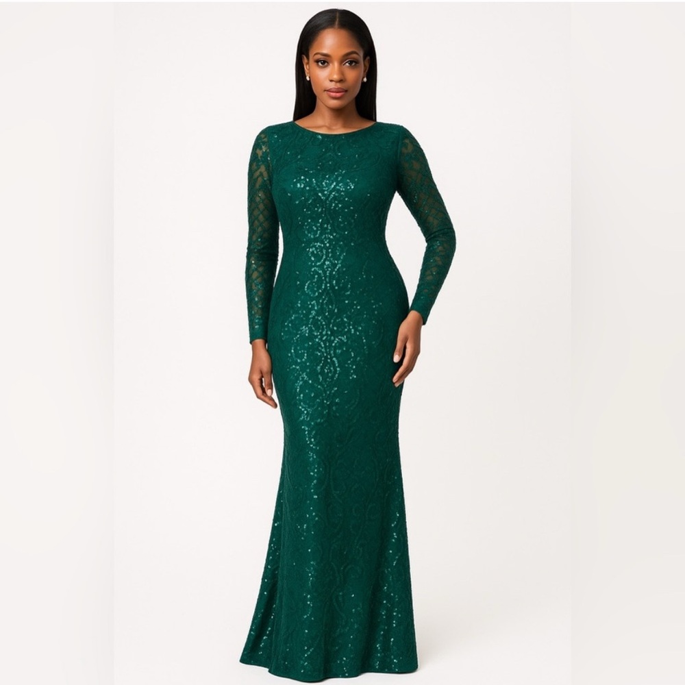 Betsy &Adam SZ 18W NWT Emerald Green Sequin Lace Long Sleeve Evening Gown MODEST